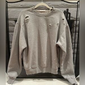 Good American Gray Distressed Crewneck Sweater